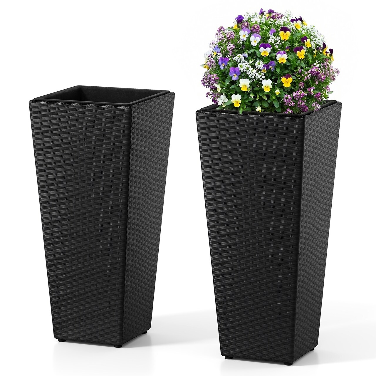 Black Woven Rattan Tall Flower Pots with Detachable Liners Set of 2